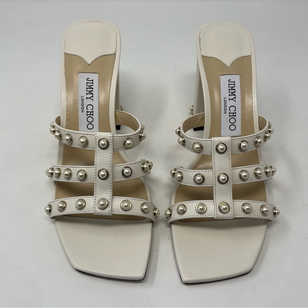 Nib JIMMY CHOO HAZAL 85 LATTE NAPPA CAGED MULES WITH PEARL STUDS IN CREAM - Picture 6 of 13
